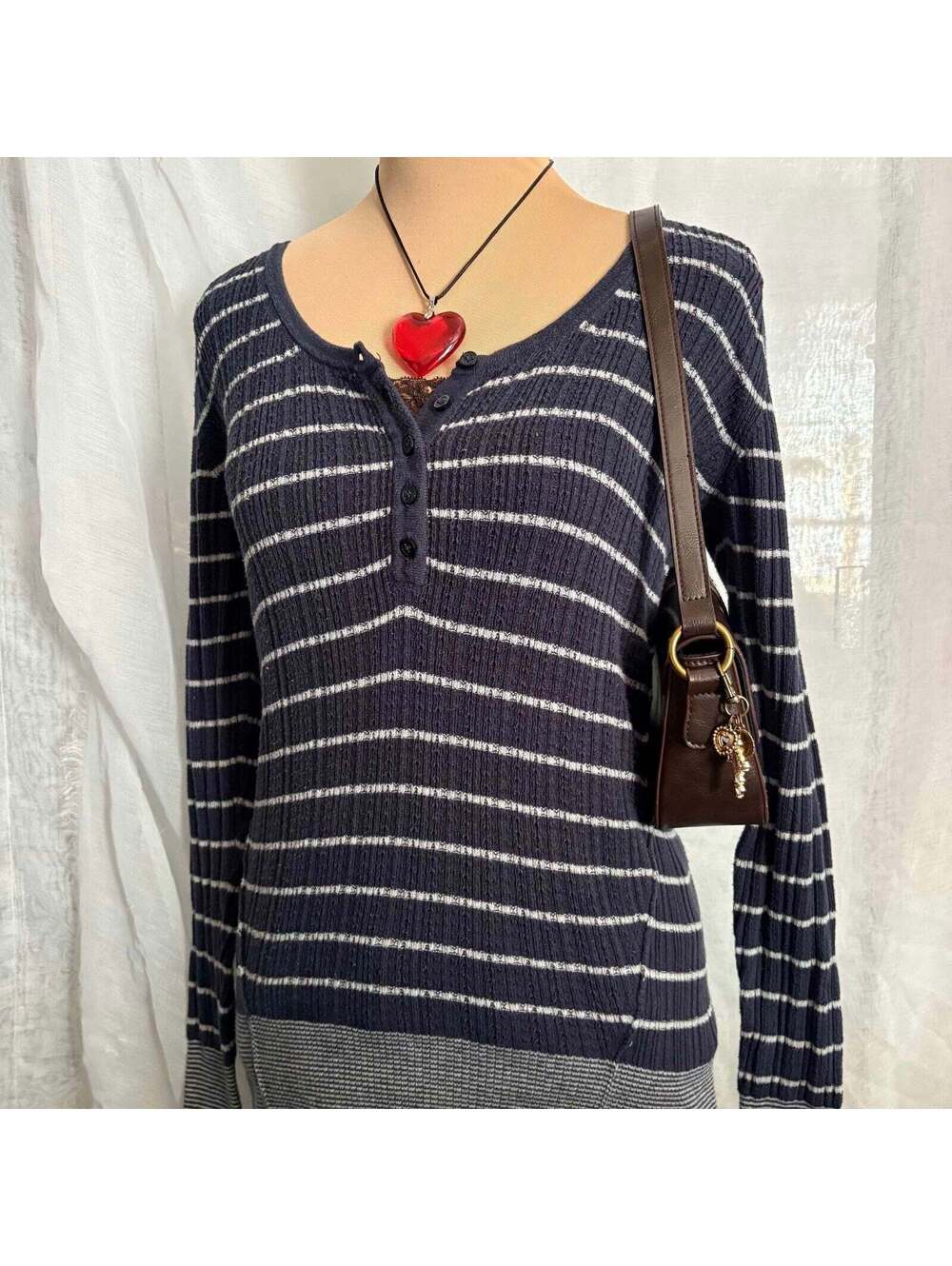 vintage y2k preppy navy striped fitted henley top